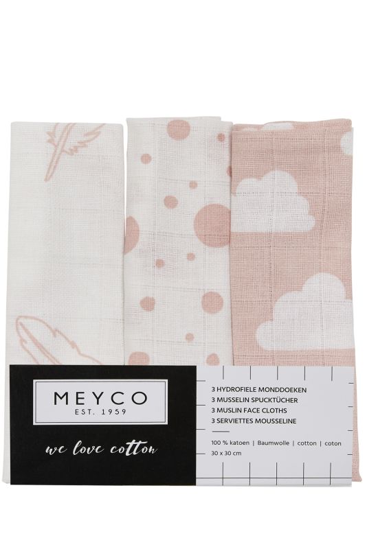 Meyco Baby hydrofiele monddoekjes clouds/dots/feathers - pink - 3-pack - 30x30 cm