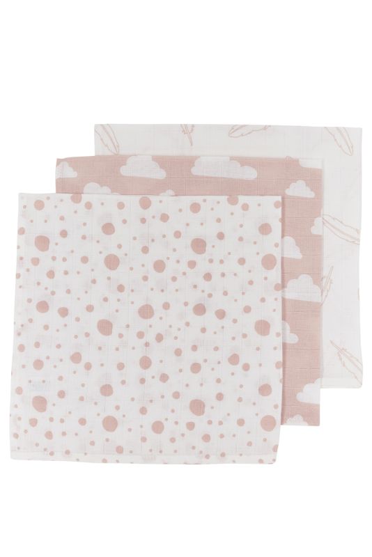 Meyco Baby hydrofiele monddoekjes clouds/dots/feathers - pink - 3-pack - 30x30 cm